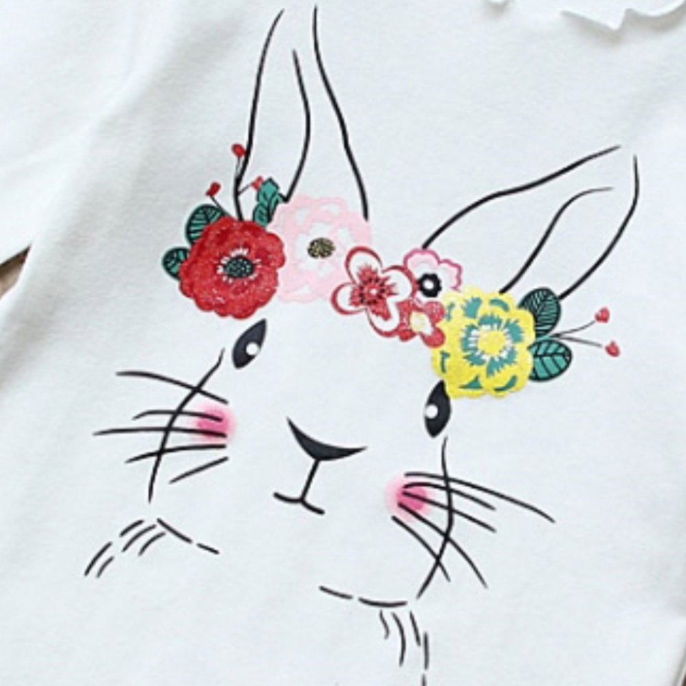 Long Sleeve Ruffle Rabbit Graphic Top White Shirts - Picture 3 of 4